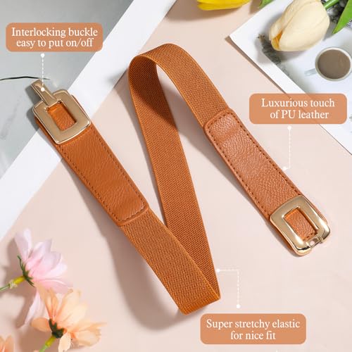 2 Pack Skinny Elastic Waist Belt Gold Metal Buckle Stretchy Thin Belt Retro Stretchy Belts for Women Jeans Dresses3