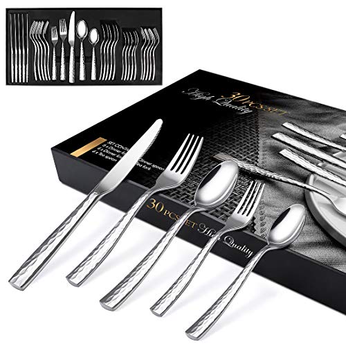 Elegant Life Silverware Set Hammered 30-Piece Heavy-duty Cutlery Set for 6, Home and Restaurant, Stainless Steel Eating Utensils Including Forks/Spoons/Dinner Knives, Mirror Polished, Gift Package