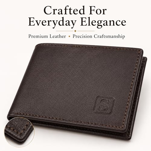 Image of SOVANO Genuine Leather Wallets for Man Original Bi Fold Slim Mens Wallets Design with RFID Protection ID Window Easy Access 6 Card Slots 2 Hidden Pockets Compact Gift for Men (Brown)