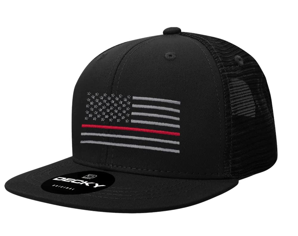 DECKYAmerican Thin Red Line Flag Decky Mesh Snapback Black Hat (Black)