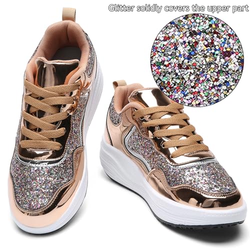 WUIWUIYU Women's Girls' Wedge Platform Shiny PU Sparkly Sequins Glitter Lace-Up Sneakers Street Dance Shoes2