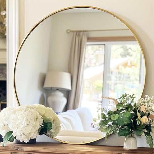 Image of Round Wall Mirror with Durable Wooden Frame - 24 inch (Golden) | Modern Decorative Wall Hanging Mirror for Bathroom, Bedroom, Basin, Dressing Table, Entryway & Home Interior Decor
