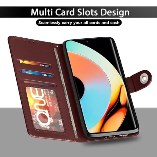 Image of Pikkme Flip Cover Leather Finish | Inside TPU with Card Pockets | Wallet Stand and Shock Proof | Complete Protection Button Flip Case for Realme 10 Pro Plus 5G (Brown)