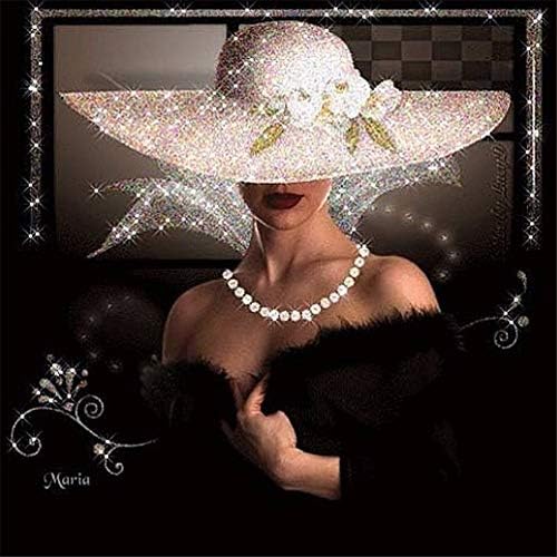DIY 5D Diamond Painting Kits for Adults Full Drill Lady in Black Dress and White Hat 30x40cm Round Drill Cross Stitch Crystal Rhinestone Diamond Art Embroidery Canvas Crafts for Home Wall Decor Q279