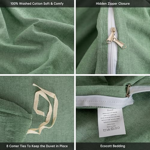 Image of ECOCOTT Sage Green Duvet Cover Full Size, 100% Washed Cotton 3-Piece Bedding Set - Ultra Soft, Breathable & Easy Care with Zipper Closure and 2 Pillowcases (No Comforter)