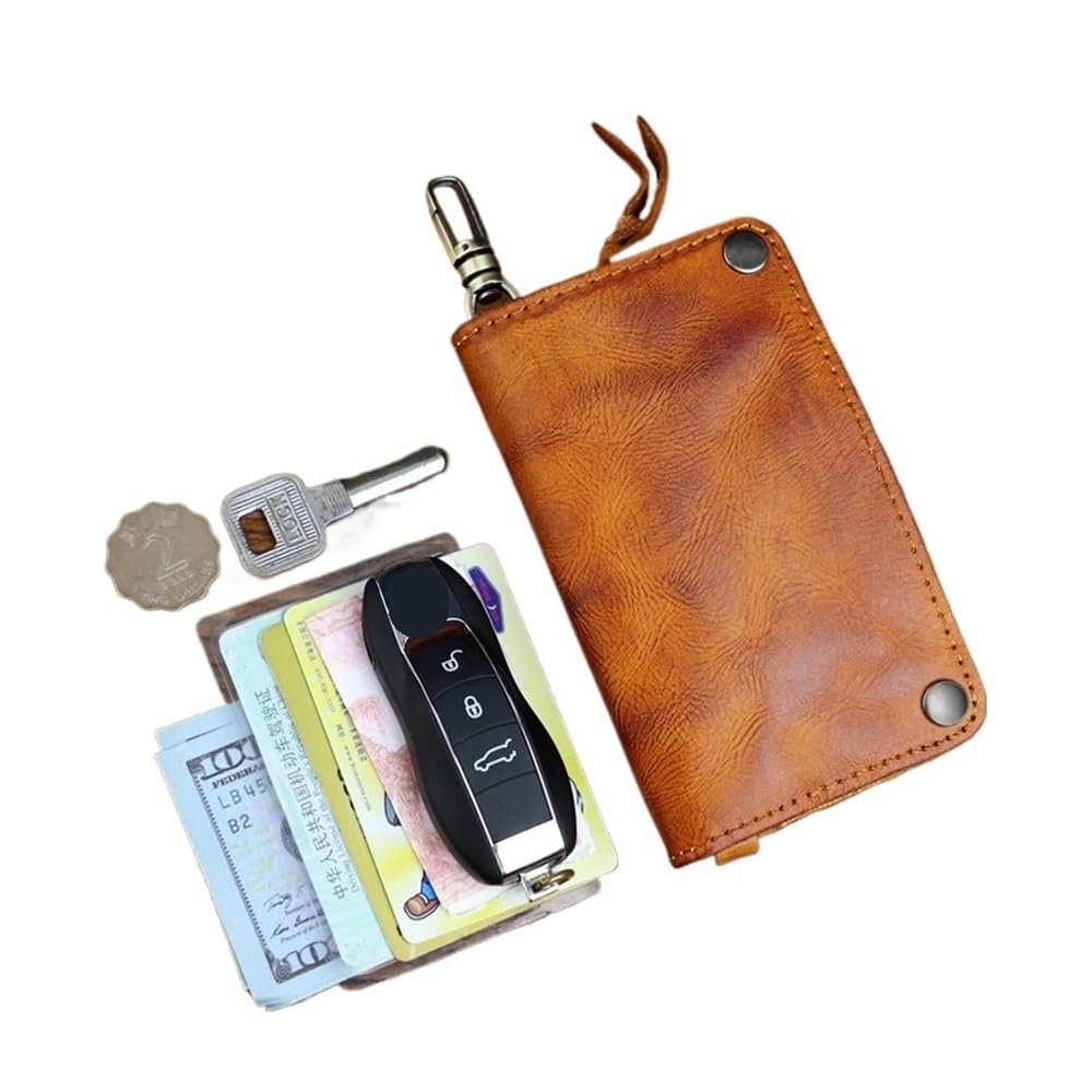 Genoda Unisex Yellow Vintage Key Wallet Handmade Genuine Leather Card Slot Housekeeper Keys Holder Coin Purse Organizer Handbag Zipper Clutch(Yellow)