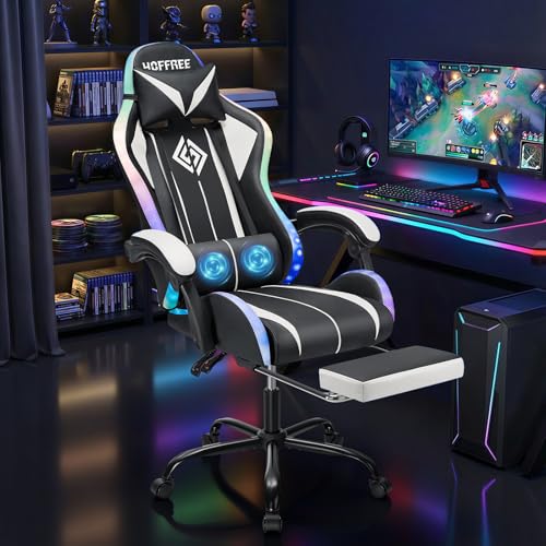 Image of HOFFREE Gaming Chair Massage with LED RGB Lights and Footrest Ergonomic Computer Chair High Back Video Game Chair with Adjustable Lumbar Support Linkage Armrest White and Black