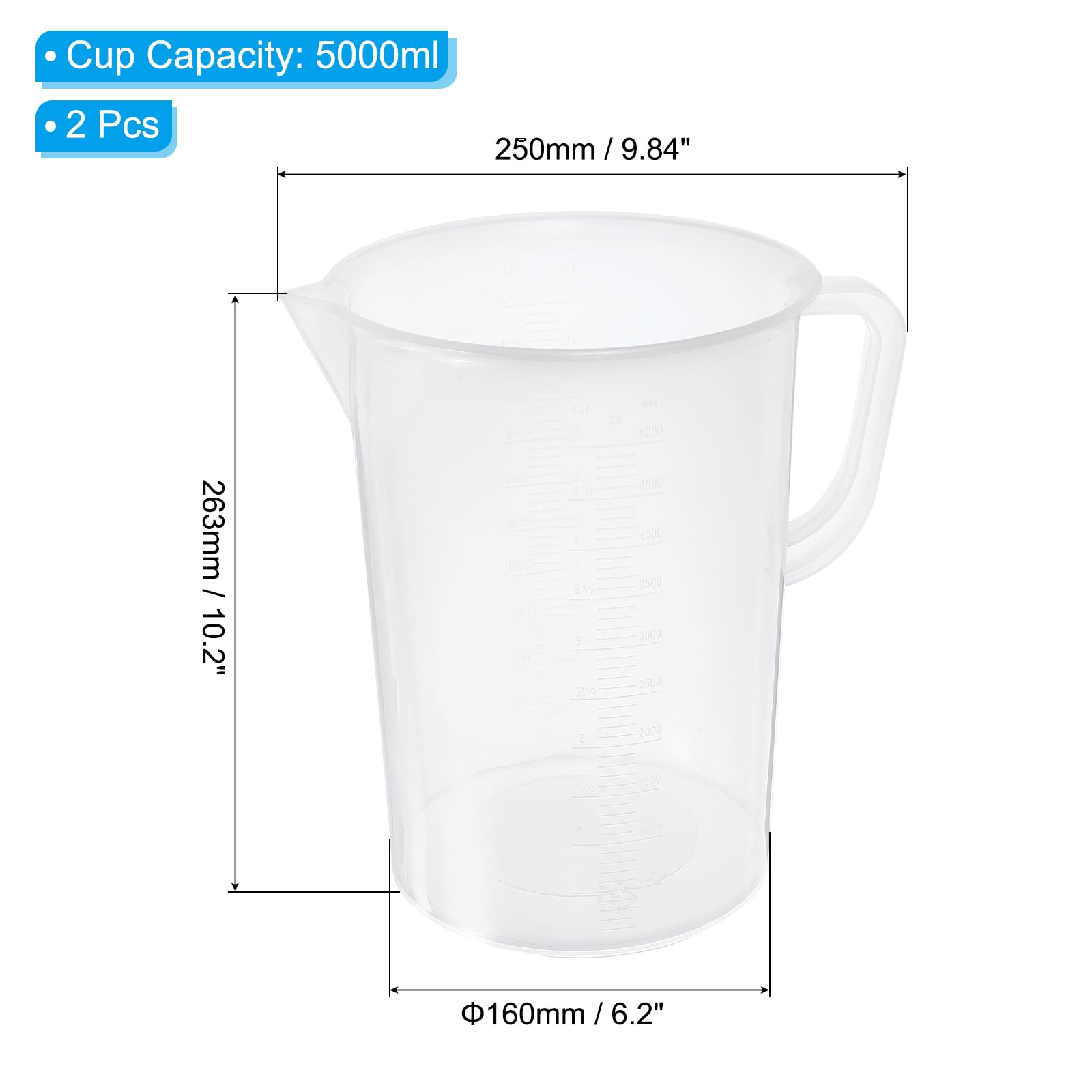 PATIKIL 5000ml Misurini, Pezzi Becher In Polipropilene Graduati Con Beccuccio Per Esperimenti Di Laboratorio, Cottura E Cucina, Trasparenti.