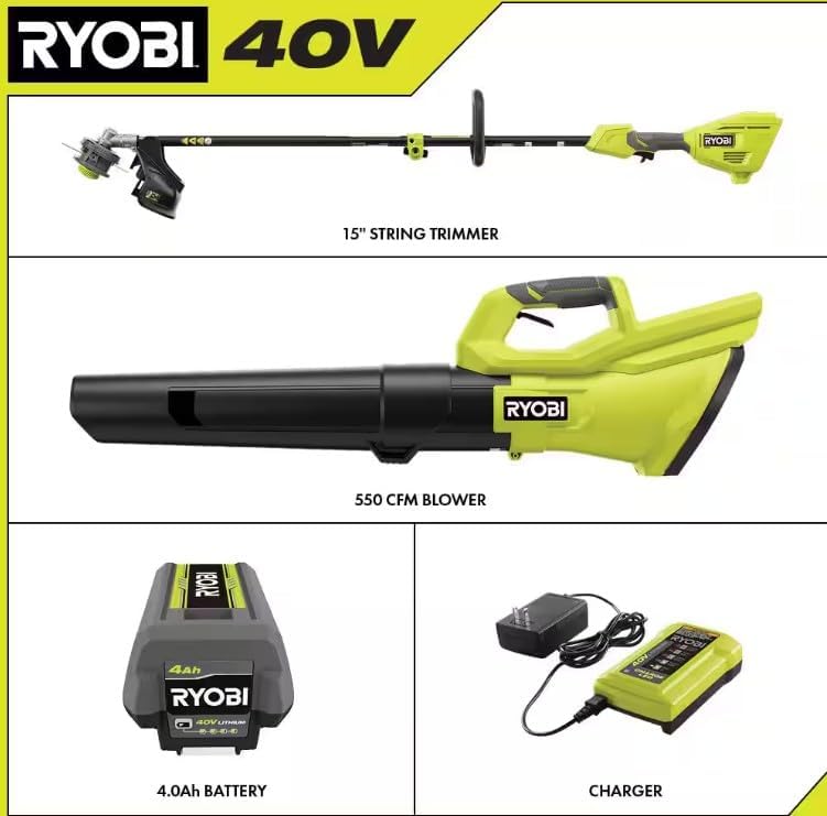 RYOBI 40V Cordless Attachment Capable 15" String Trimmer & 550 CFM 120 MPH Blower Combo Kit with 4.0 Ah Battery & Charger