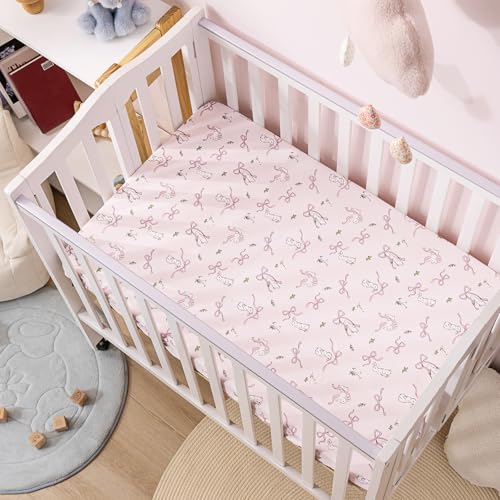 Image of PHF Soft Mini Crib Sheet Set, 2 Pack Silky Comfy Pack N Play Sheets for Girls, Universal Fit for Pack N Play, Playard and Mini Crib Mattresses, Rabbit & Floral