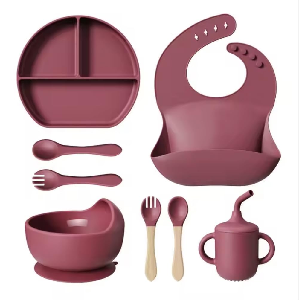 Silicone Baby Feeding Set – Toddler Divider Suction Plate & Bowl, Adjustable Soft Silicone Bib, Cup & Cutlery (Multicolor) | Eco-Friendly and BPA-Free Tableware Set (Maroon)