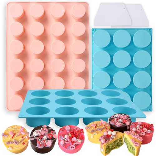 Cake Puck Mold Set SAGOOITS 2 Different Sizes Chocolate Covered Cake Silicone Molds 24-Cavity and 12-Cavity Round Cake Pop Molds with 2 Spatulas for DIY Cake Cores Chocolate Desserts Cakepucks