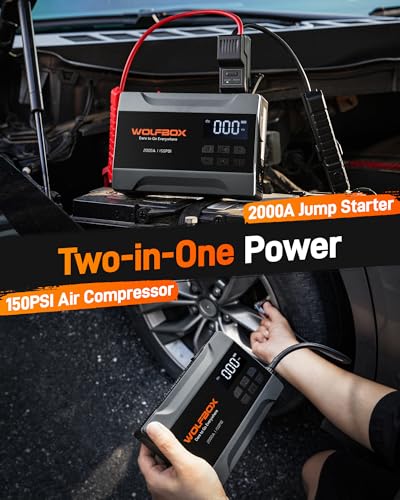 Image of WOLFBOX Portable Car Jump Starter 2000A with Air Compressor for Car, 150PSI Tyre Inflator, 37Wh Battery Booster for Up to 5L Petrol Engine, 12V Jump Starter with Cables, Boost Mode & LED Light
