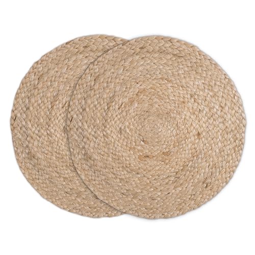 Image of Encasa XO Dining Table Mats Set of 2 | Jute Round Placemat - 32 cm Diameter | Jute Natural Bleach Color | Handmade Style Chargers for Dinner Plates