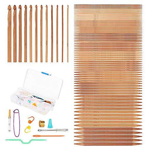 Knitting Needles Set - 75 Pcs 15 Sizes Bamboo Double Pointed Knitting Needles Set + 12 Pcs 12 Sizes Bamboo Round Crochet Hooks Set + Crochet Tool Set
