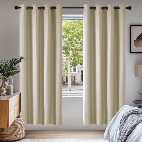 Image of Deconovo Super Soft Ring Top Thermal Insulated Blackout Curtains for Bedroom Eyelet 55x82 Inch Two Panels Beige