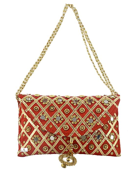 SHAKUNTLA VINTAGE Traditional Mirror Work Envelope Clutch/Hand Purse Bag (Red)