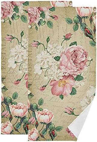 Vintage Rose Floral Hand Towels, 15x30 in Set of 2, Retro Pink Flower Leaves Stamp Hair Face Towel Soft Highly Absorbent Shabby Chic Beige Fingertip Towel for Bathroom Girl Woman Guest