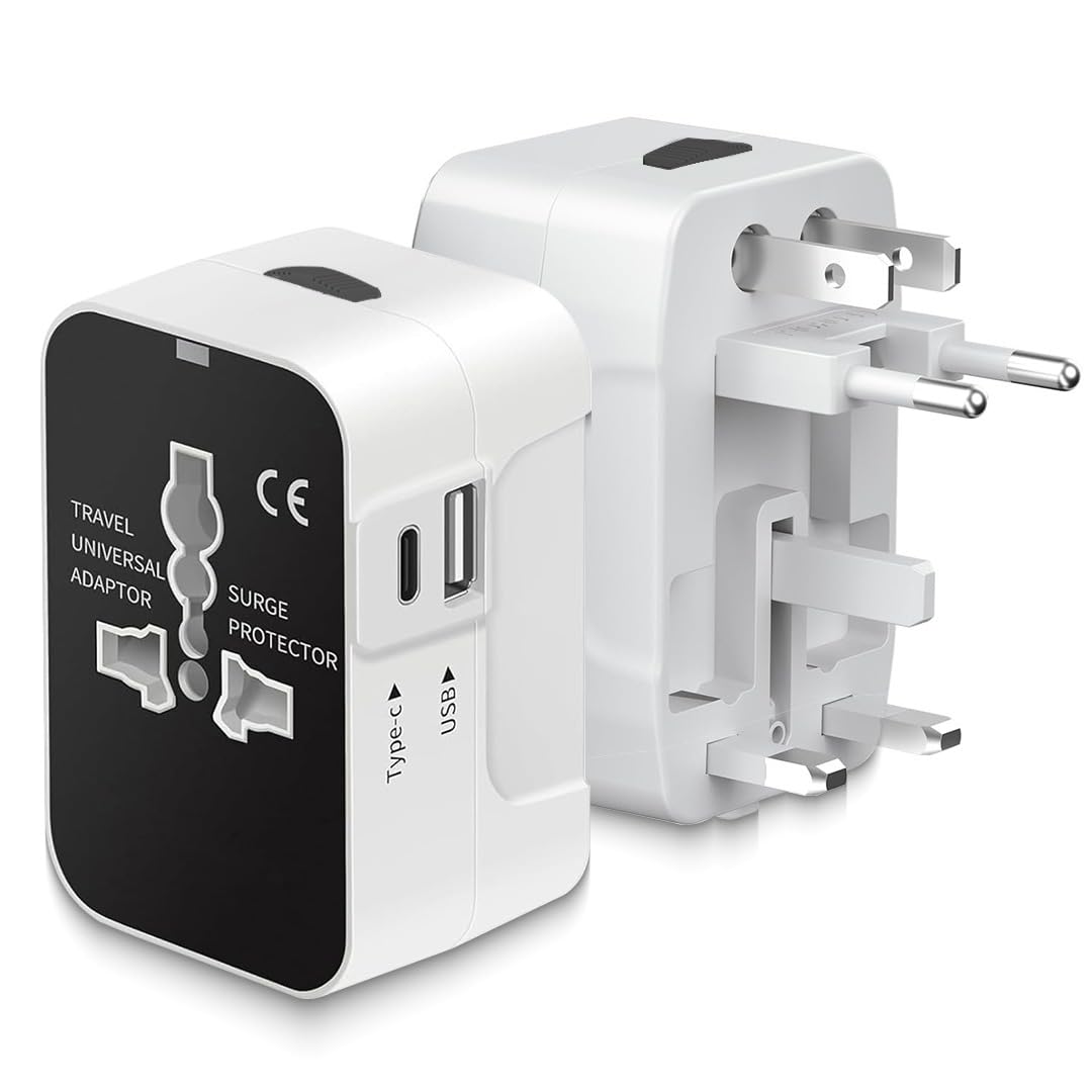 UNIGEN Universal Travel Adapter with USB Type-C & USB Type-A Ports | Multi-Plug International Charger with Surge Protection | All-in-One Worldwide Adaptor - Black in White