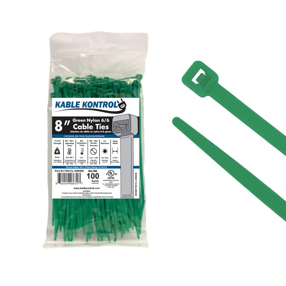 Kable Kontrol Green Zip Ties 8 Inch 100 Pcs, 50 Lbs Tensile Strength, Self-locking Nylon Colored Cable Ties Wire Wraps for Indoor or Outdoor Use