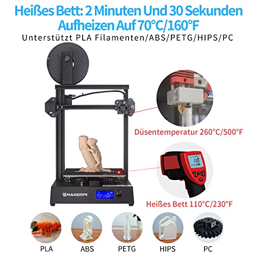 MakerPi 3D Drucker DIY FDM Open Source 99% Vormontiert,Meanwell Netzteil,Düsentemperatur 260℃ Unterstützt PLA/ABS/PETG/Hips/PC,Biegbares Bett 110℃,Bauraum 260 * 260 * 260mm - Image 6