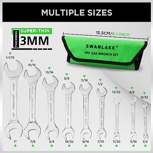 Image of SWANLAKE GARDEN TOOLS 19-Piece Super-Thin Open End Wrench Set with Rolling Pouch, Metric 5.5-27 mm & SAE 1 /4 inch-1-1 /16 inch, 3 mm Thickness Slim Spanner Wrench Set, Carbon Steel