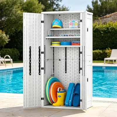 ZYJOYY Outdoor Storage Cabinet with 4 Shelves, 31.5" x 23.23" x 66.22" White Waterproof Resin Vertical Tool Shed, Lockable 30 cu.ft. Storage Shed for Patio, Garden, Yard