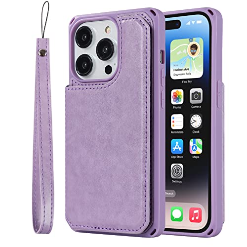 Image of Cavor for iPhone 14 Pro Case with Card Holder,iPhone 14 Pro Wallet Case for Women Men,Phone Case for iPhone 14 pro with Stand Credit Card Holder, Leather Strap Shockproof Cover- Purple