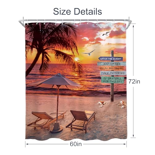 AMBZEK Beach Shower Curtain 60Wx72L Inch Sunset Sea Tropical Ocean Inspirational Quotes Coastal Sunrise Palm Tree Motivational Artwork Cloth Waterproof Polyester Bathroom Decor Set with 12 Pack Hooks - Image 6