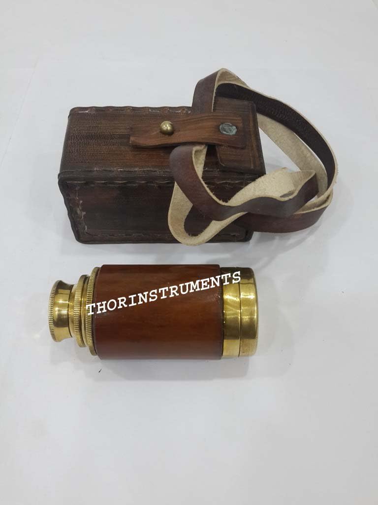 6" Handheld Brass Telescope - Nautical Pirate Spy Glass with Leather Case Rustic Vintage Home Decor Gifts