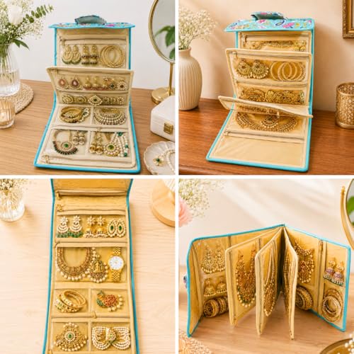 Image of Trendifly Foldable Multipocket Jewellery Organizer Suitcase for Women Embroidery Design Travelling Jewelry Bag 5 Transparent Pockets Earrings Necklace Bangles Rings Girls Aqua Green