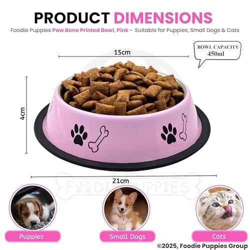 Image of Foodie Puppies Stainless Steel Pet Feeding Paw & Bone Print Bowl - 450ml (Baby Pink - Small) for Small Dogs & Puppies | Food /Water Feeding Anti-Slip /Skid Rubber Base Bowl | Non-Toxic & 100% Safe