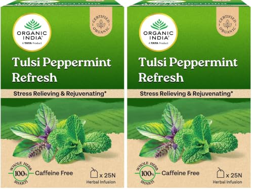 Image of ORGANIC INDIA Tulsi Peppermint Refresh 25 Tea Bags || Stress Relieving & Rejuvenating || Feeling Refreshed || Tulsi Tea - 25 Tea Bags (Pack of 2)