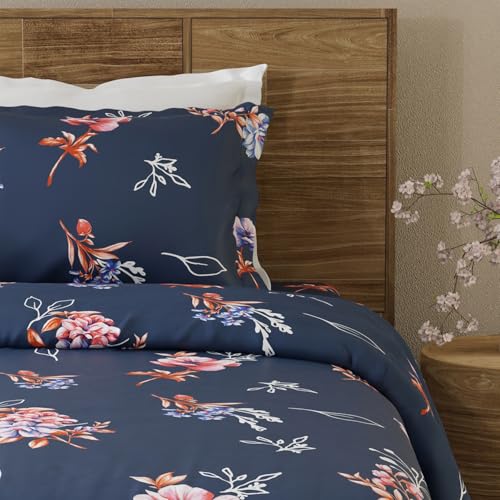 Image of Layers Emaline 100% Cotton Single Bedsheet Set (Oeko Tex Certified) | 1 Single Cotton Bedsheet & 1 Pillow Cover | Breathable & Anti-Wrinkle | 144 TC | (Floral Print, Blue)