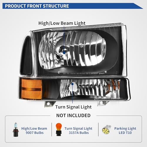 Image of oEdRo Headlight Assembly Compatible with 1999-2004 Ford F250 F350 F450 F550 Super Duty /2000-2004 Ford Excursion, OE Headlamp Replacement Black Housing Amber Reflector Clear Lens