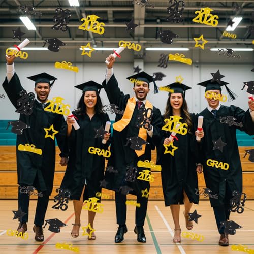 Image of 300Pcs Gold and Black Graduation Table Confetti with Caps 2026,Congrats Grad Confetti 2026 Decorations, Perfect for 2026 Graduation Party Decor, Class Of 2026 Celebration Supplies
