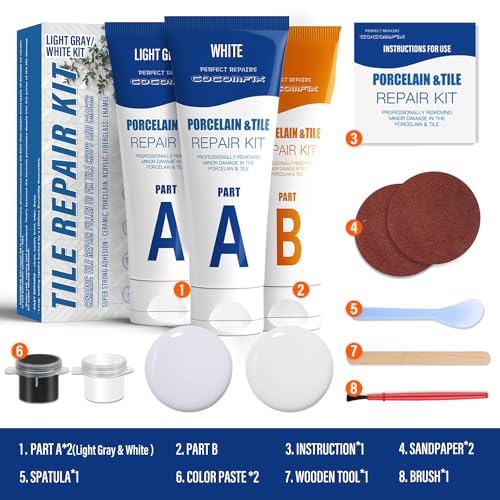 Tile Repair Kit - (Light Gray/White Kit) Ceramic Floor Tile Repair Kit - Super Strong Porcelain Tile Filler - Fix Cracks, Chips, Holes Fast. for Porcelain, Ceramic, Acrylic, Fiberglass, Enamel. - Thumbnail 2