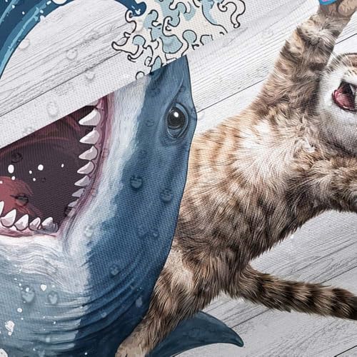 Image of Funny Cat Shower Curtain, Fun Cat Riding Hilarious Shark Surfing Ocean Waves Shower Curtains for Bathroom Whale Cool Blue Bath Curtain Waterproof Fabric with 12 Hooks 72x72 Inch
