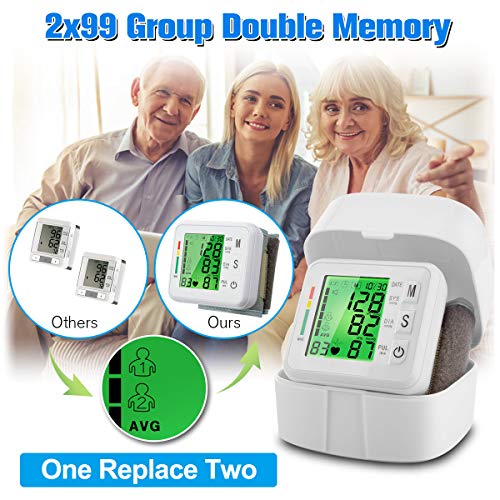 Topffy Blood Pressure Monitor,Wrist Digital BP Cuff Automatic BP Machine 99 * 2 Reading Memory Rechargeable Large Tri-Backlit Pulse Rate Monitoring Meter Wrist Blood Pressure Monitor