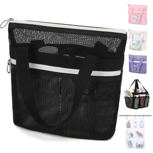 GYEUKHAM Mesh Shower Bag with 2 Zipper Pockets & Dual Handles Quick-Drying Hanging Shower Caddy for College Essentials Sunscreen Dorm Gym Travel & Camping Black