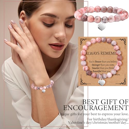 12 Pieces Inspirational Natural Stone Gifts Sweet Heart Beaded Bracelets with Cards Gifts3