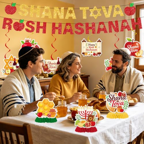 Image of Gameza Happy Rosh Hashanah Decorations - 11PCS Rosh Hashanah Glitter Party Banners Hanging Swirls Honeycomb Centerpieces, Shana Tovah Jewish New Year Festival Holiday Party Supplies Decor