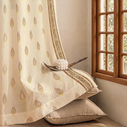 Image of Urban Space 100% Cotton Curtains with Gold Foil Print | Upto 60% Light Blocking Window Curtain 5 feet I Set of 2 Decorative Curtains with Eyelets and Tieback Included (Zari Buta Brown Gold - 5 feet)