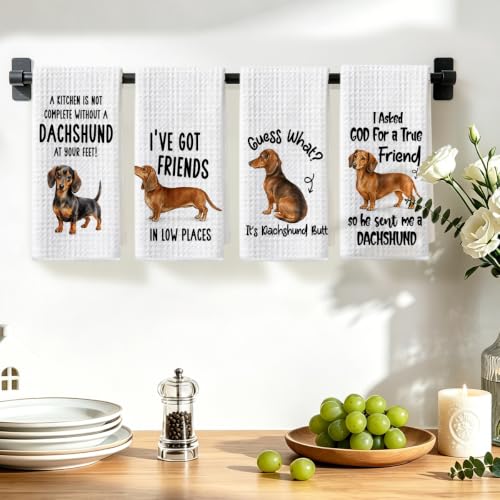 Image of 4 Pcs Funny Dachshund Kitchen Towels, Dachshund Gifts Reusable Dish Towels1