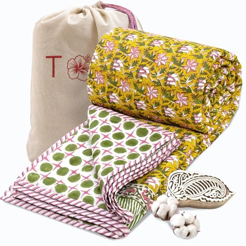 Image of TOAIArt Premium Jaipuri Dohar | AC Blanket Summer Quilt | Hand Block Printed | 3 Layers | Reversible | 150GSM 100% Mulmul Cotton | 100% Cotton Flannel Filling | King 108 inch X 90 inch |Pink Floral Pond