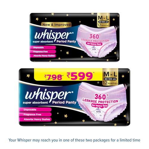Image of Whisper Super Absorbent Period Panty, 12 M-L Pants, 360 Degree Leakage Protection* for Heavy Flow, Panty like Fit, Full back Coverage, Absorbs Heavy Gushes, Silky Soft, Comfortable Feel
