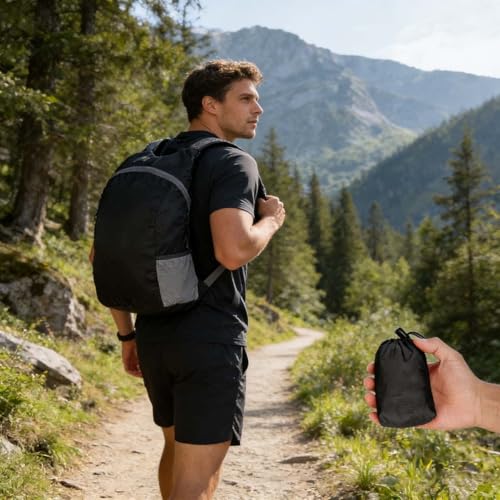 Mochila plegable ligera negra para viajes y senderismo miniatura 4