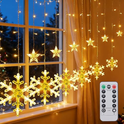 Qoosea Cortina de Luces Navidad Interior, 4.2M 126LED Cortina de Luz en Copo de Nieve Estrellas 8 Modes USB, Impermeable Luces de Hadas para Balcón Ventana Fiesta Hogar Decorativas, Blanco Cálido