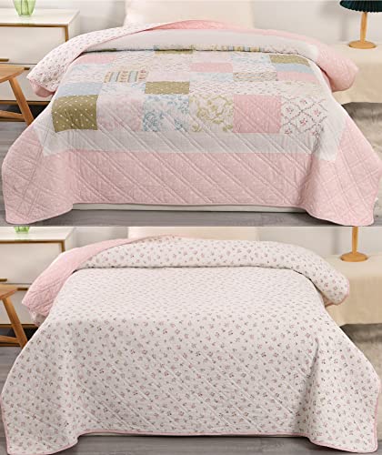 Image of KINBEDY 100% Cotton Quilts Twin Size Pink Floral Patchwork Bed Quilt Reversible Quilted Blankets Coverlets Bed Throws for Couch Sofa, 60 inchx80 inch