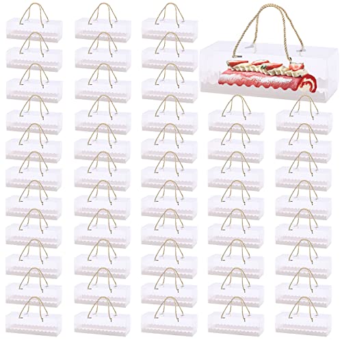 Merkaunis 50 Pcs Clear Cupcake Boxes 9 x 3 x 3 Inch Clear Cake Box with Handles Plastic Rectangular Cupcake Containers Clear Gable Boxes Bakery Cake Boxes for Cake Packaging Dessert Biscuits